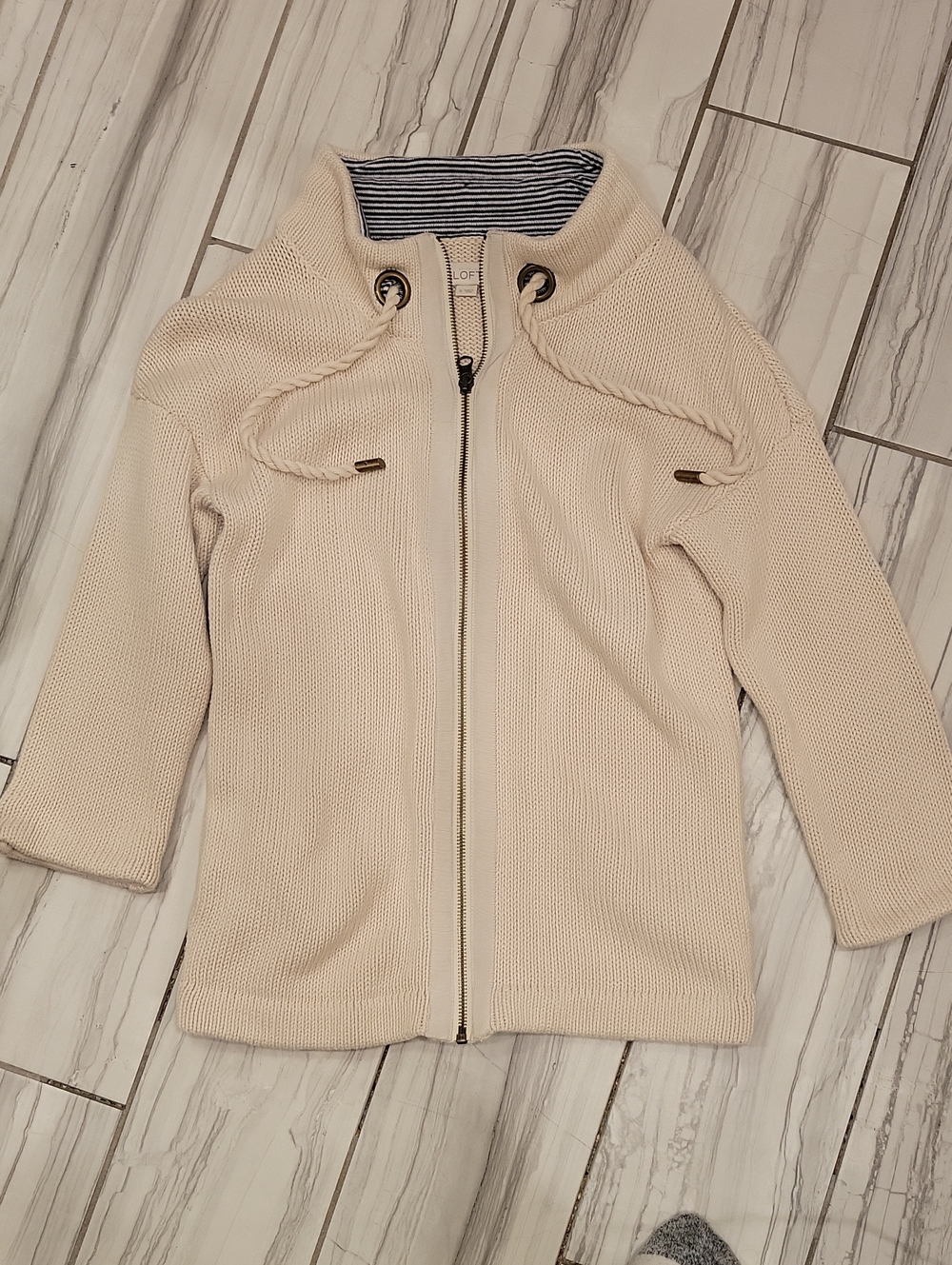 Women's Loft Cream Knit Zip-Up 3/4 Sleeve Sweater